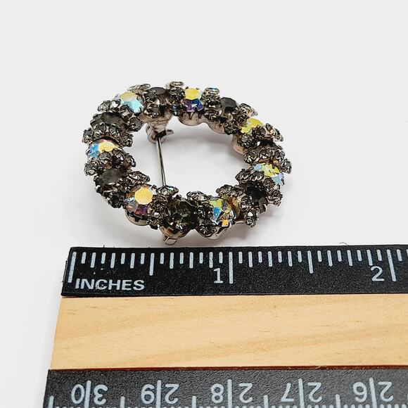 Vintage AB Rhinestone Circle Brooch Silver Tone Aurora Borealis Crystals – 1.5” - Picture 7 of 9